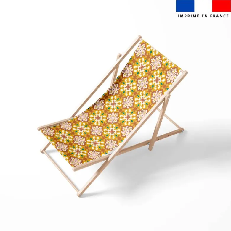 Tissu imperméable motif carreaux de ciment terracotta bleu canard et ocre