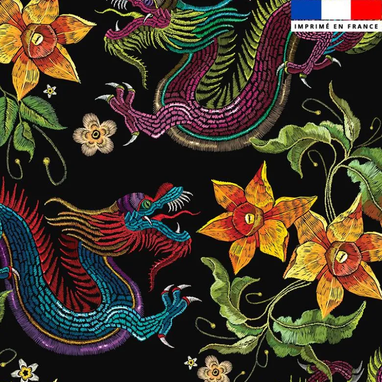 Tissu imperméable motif dragon asiatique effet brodé