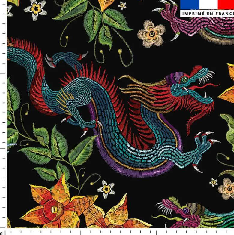 Tissu imperméable motif dragon asiatique effet brodé