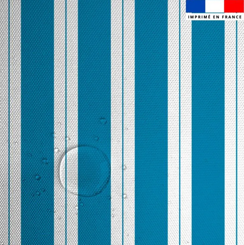 Tissu imperméable motif duo de rayures bleu azur et blanc