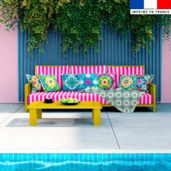 Tissu imperméable motif duo de rayures fuchsia et blanc