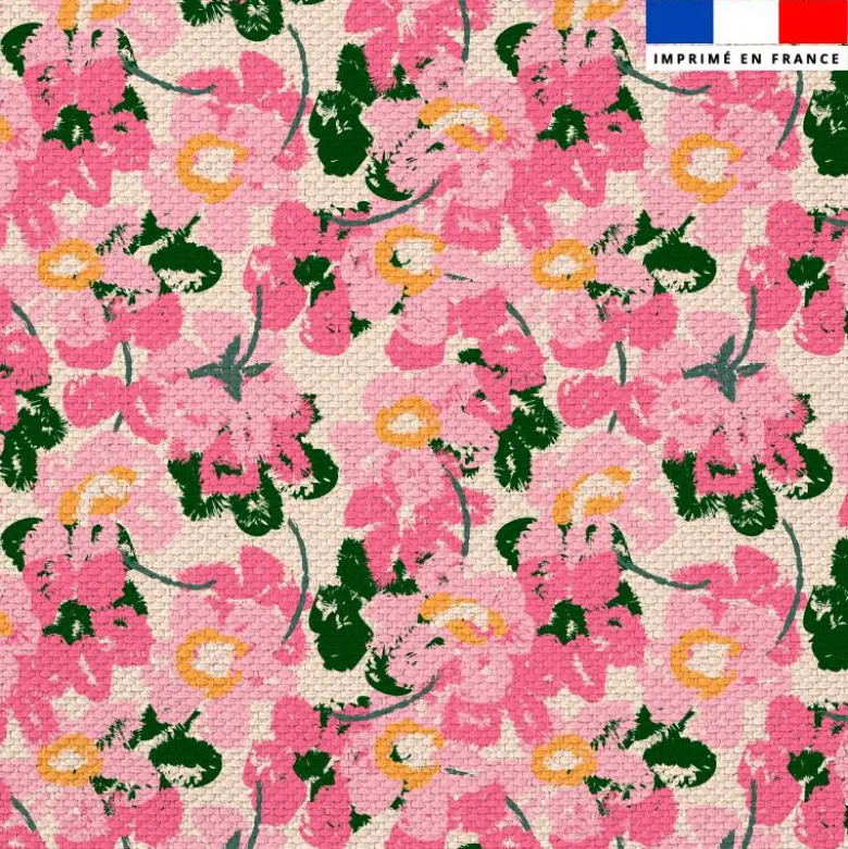 Tissu imperméable motif fleurs roses effet peinture