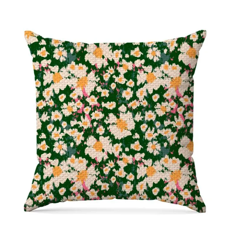 Tissu imperméable motif marguerite effet peinture vert foncé