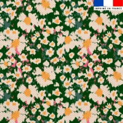 Tissu imperméable motif marguerite effet peinture vert foncé