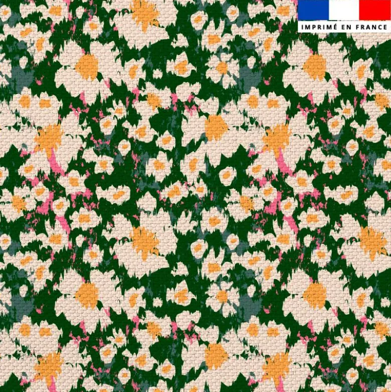 Tissu imperméable motif marguerite effet peinture vert foncé