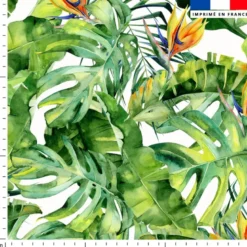 Tissu imperméable motif palme et oiseau du paradis