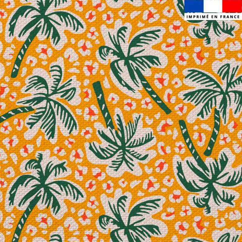 Tissu imperméable motif palmier et léopard jaune