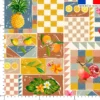 Tissu imperméable motif patchwork fruits exotiques bleu