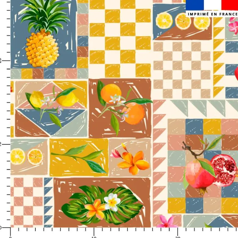 Tissu imperméable motif patchwork fruits exotiques bleu