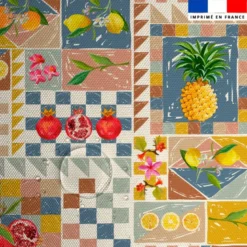 Tissu imperméable motif patchwork fruits exotiques bleu