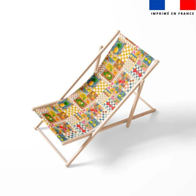 Tissu imperméable motif patchwork fruits exotiques bleu