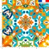 Tissu imperméable motif patchwork carreaux de ciment orange turquoise et jaune