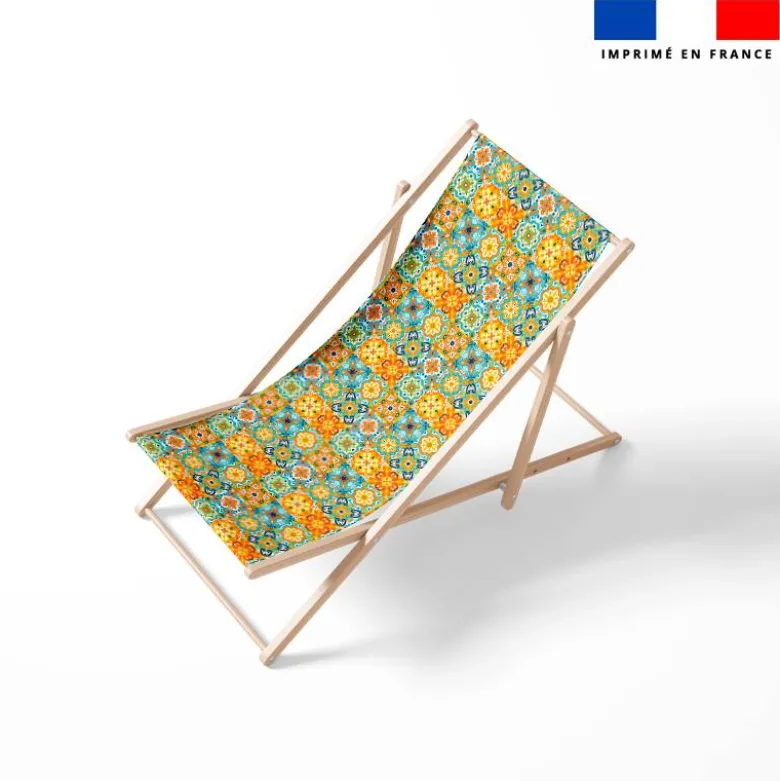 Tissu imperméable motif patchwork carreaux de ciment orange turquoise et jaune