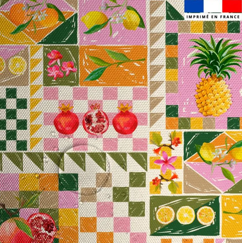 Tissu imperméable motif patchwork fruits exotiques vert