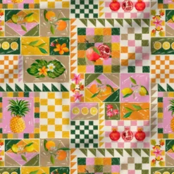 Tissu imperméable motif patchwork fruits exotiques vert