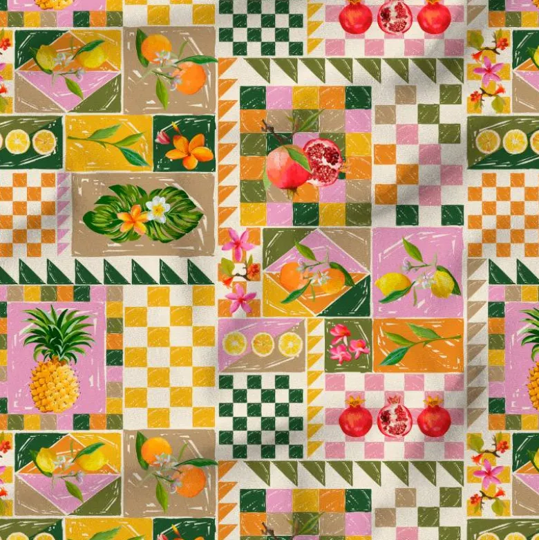 Tissu imperméable motif patchwork fruits exotiques vert