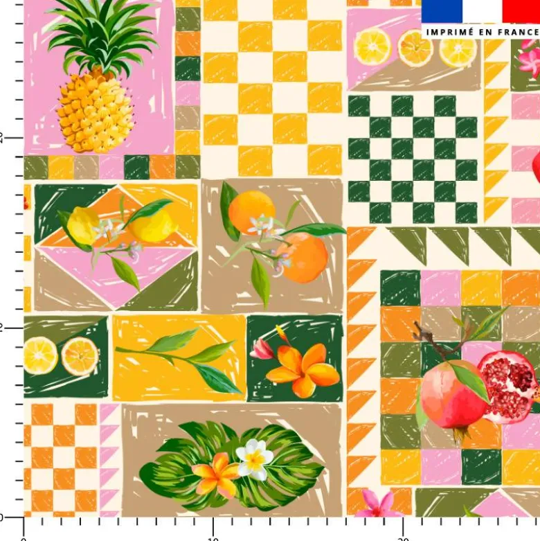 Tissu imperméable motif patchwork fruits exotiques vert