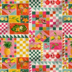 Tissu imperméable motif patchwork fruits exotiques rose
