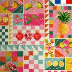 Tissu imperméable motif patchwork fruits exotiques rose