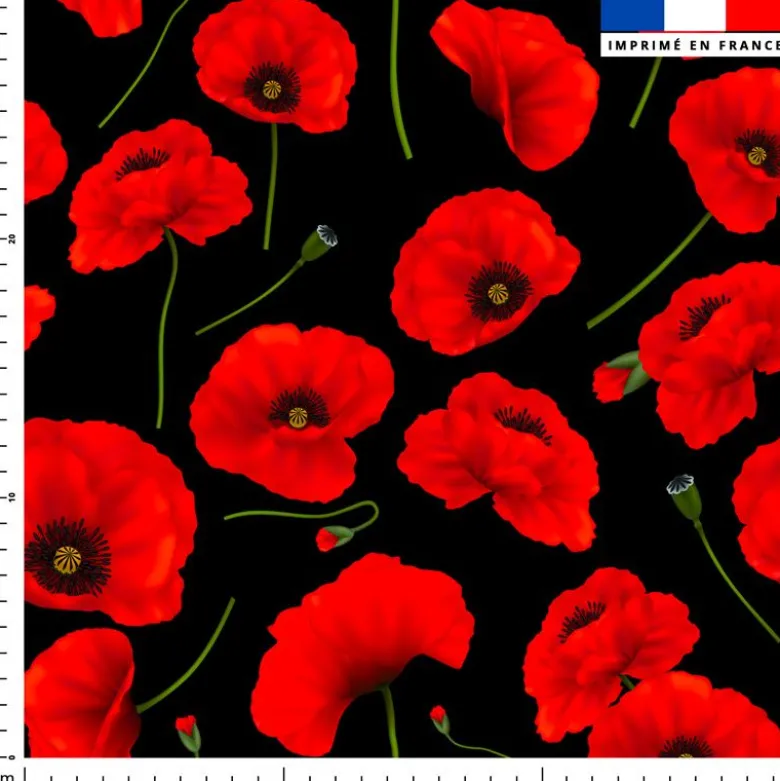 Tissu imperméable noir motif grand coquelicot