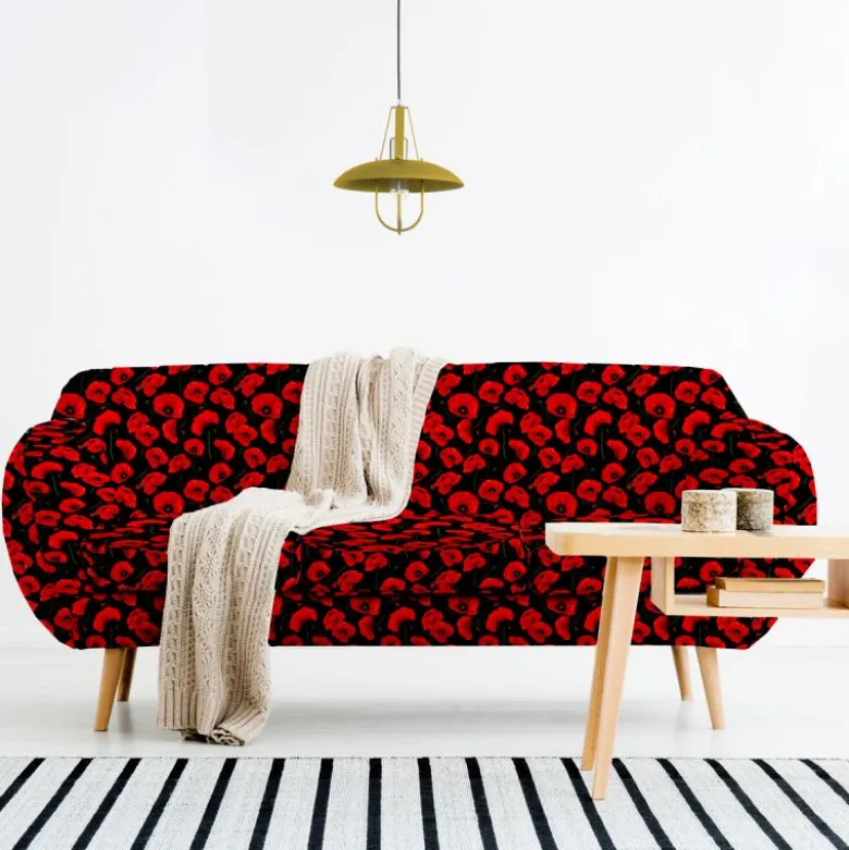 Tissu imperméable noir motif grand coquelicot