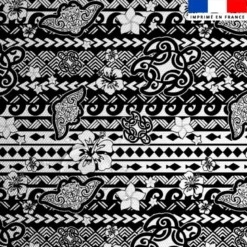 Tissu imperméable noir motif tortue et raie manta maori blanc