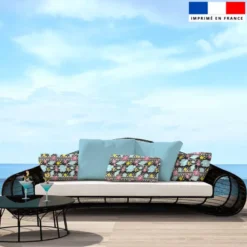 Tissu imperméable noir motif tortue et raie manta maori bleu