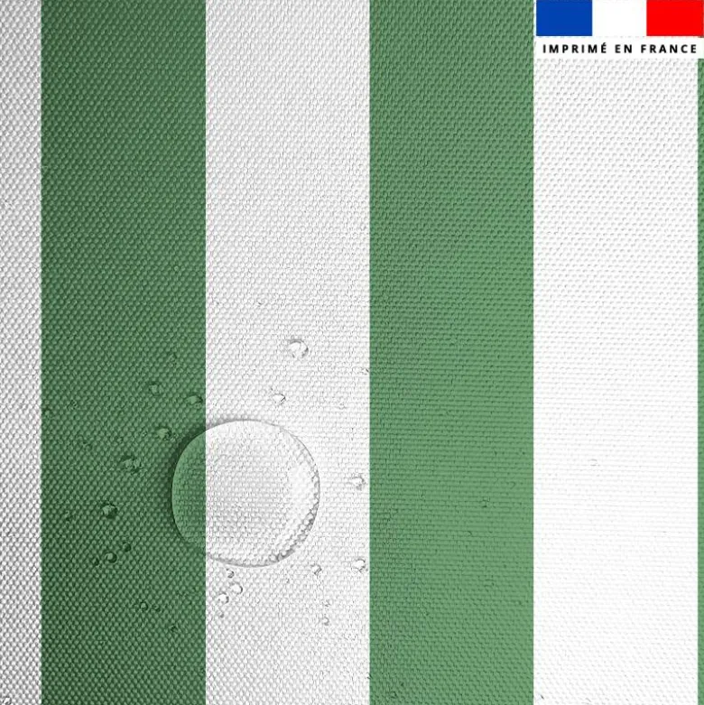 Tissu imperméable à rayures vert sauge et blanches - 5 cm