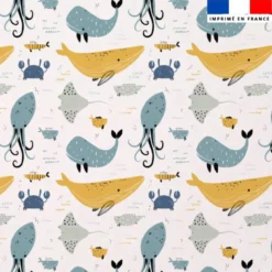 Tissu minky blanc motif animaux marins