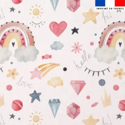 Tissu minky blanc motif arc-en-ciel aquarelle