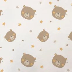 Tissu minky blanc motif baby ours marron et ocre