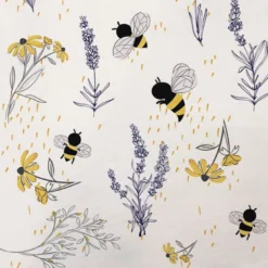 Tissu minky blanc motif bouton d'or lavande et abeille