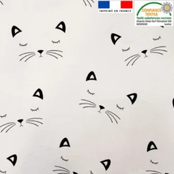 Tissu minky blanc motif chat noir