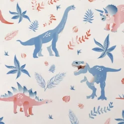 Tissu minky blanc motif dinosaure et feuilles
