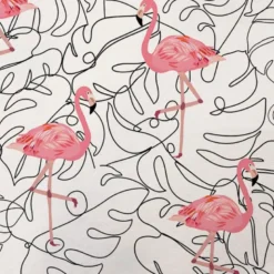 Tissu minky blanc motif line art et flamant rose