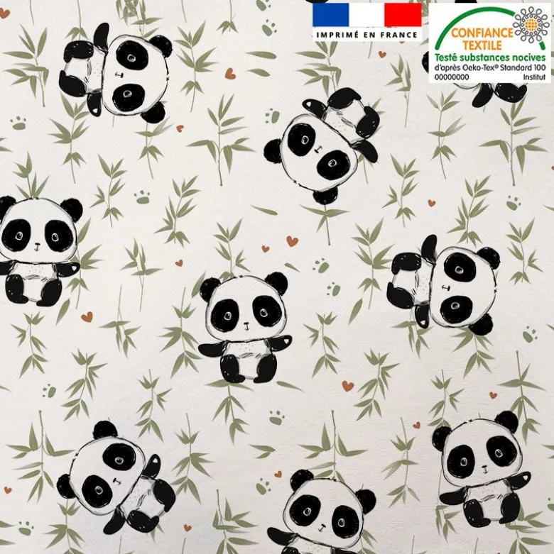 Tissu minky blanc motif panda et bambou vert