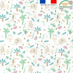Tissu minky blanc motif savane et crocodile vert d'eau