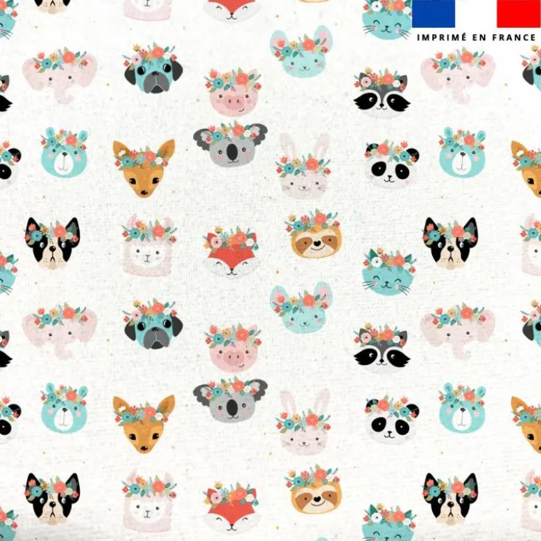 Tissu minky imprimé animaux couronne de fleurs