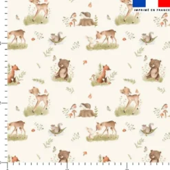 Tissu minky imprimé animaux des bois jolis effet aquarelle