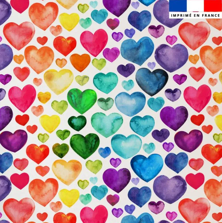 Tissu minky imprimé coeurs arc-en-ciel effet aquarelle