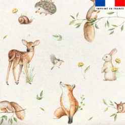 Tissu minky imprimé faon lapin et renard des bois