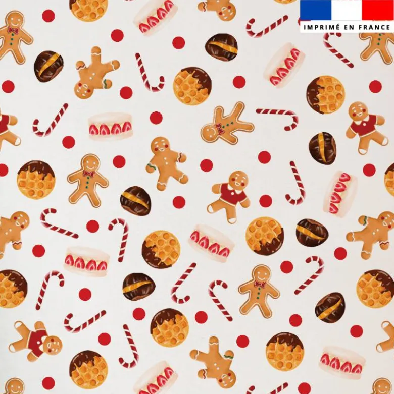 Tissu minky imprimé pain d'épice et gourmandise de noel