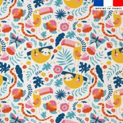 Tissu minky imprimé petit toucan et paresseux jungle