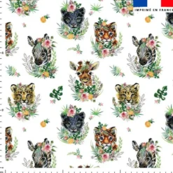 Tissu nid d'abeille motif animaux de la jungle et fleur effet aquarelle
