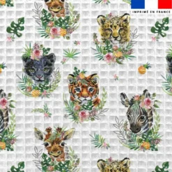 Tissu nid d'abeille motif animaux de la jungle et fleur effet aquarelle