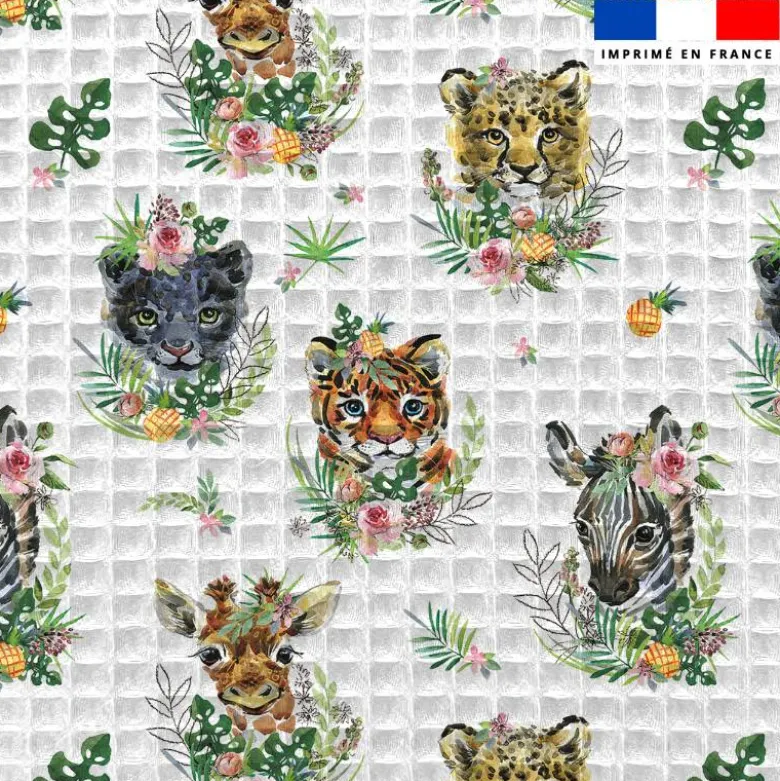 Tissu nid d'abeille motif animaux de la jungle et fleur effet aquarelle