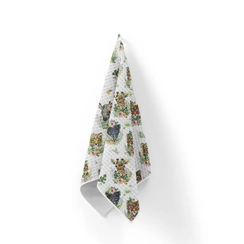 Tissu nid d'abeille motif animaux de la jungle et fleur effet aquarelle