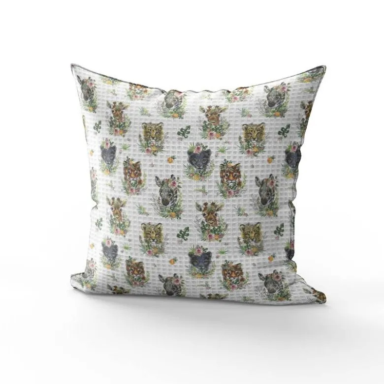 Tissu nid d'abeille motif animaux de la jungle et fleur effet aquarelle