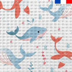 Tissu nid d'abeille motif baleine bleue et rouge