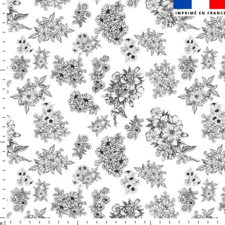 Tissu nid d'abeille motif bouquet de fleurs blanches et noires